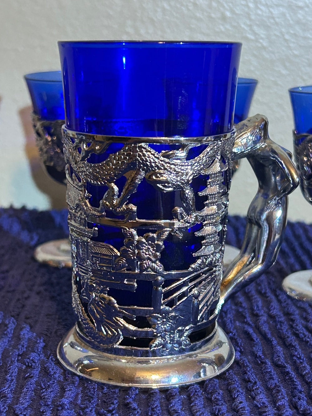 Vintage Japanese Cobalt Blue “Dragonware”Tankard with 6 Sake Glasses.
